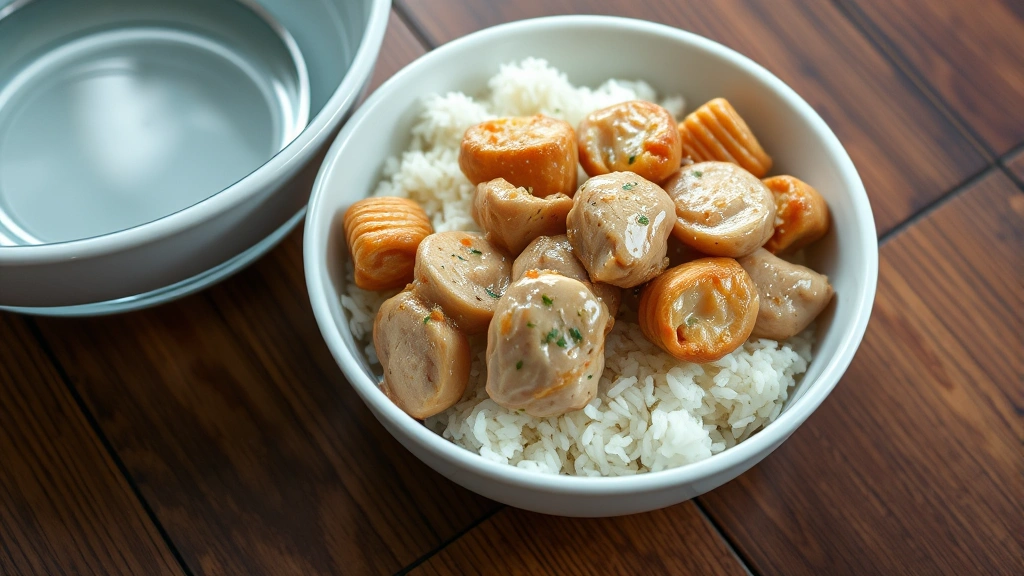 what home remedy can i give my dog for diarrhea -
A close-up of a white bowl filled with plain cooked chicken and white rice on a