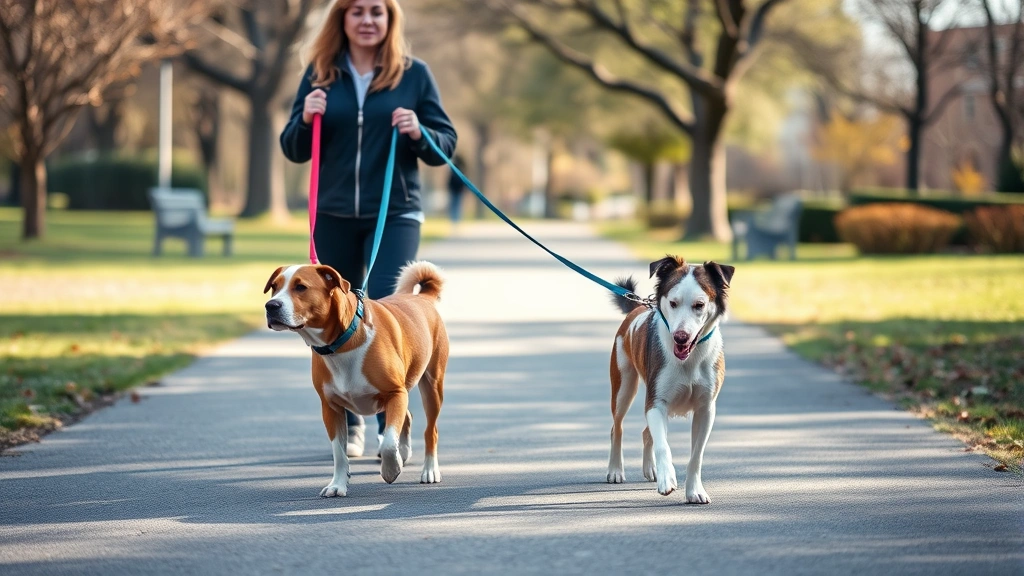 what i wish i knew before getting a second dog -
A person managing two dogs on leashes during a morning walk in a park, showing 