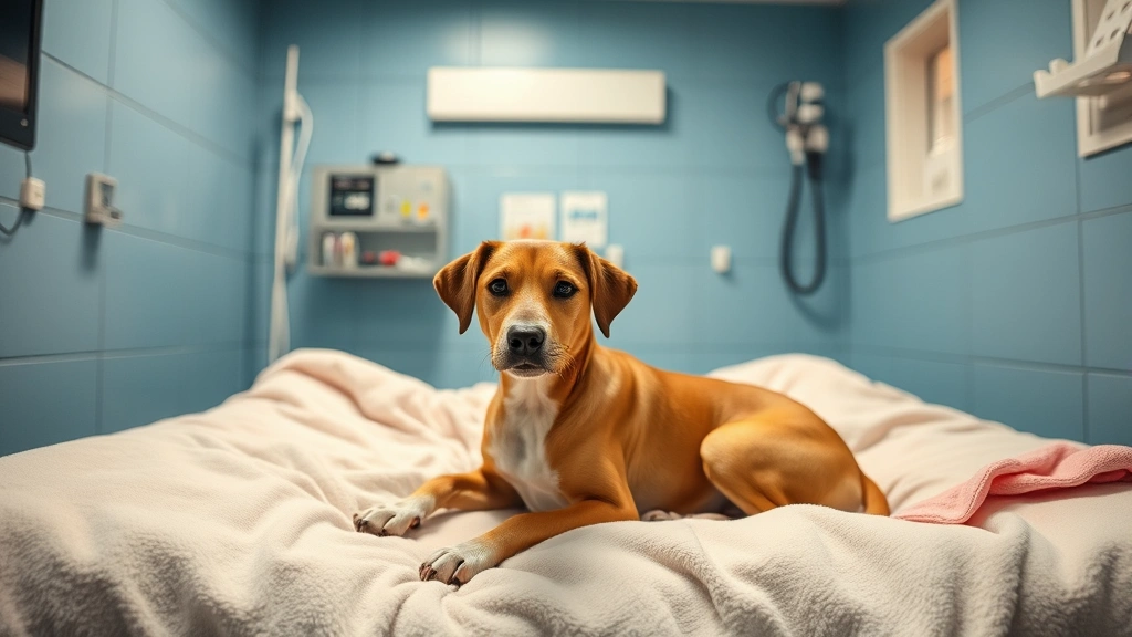 what is a bait dog -
sitting on soft blankets in a safe veterinary recovery room with warm lighting