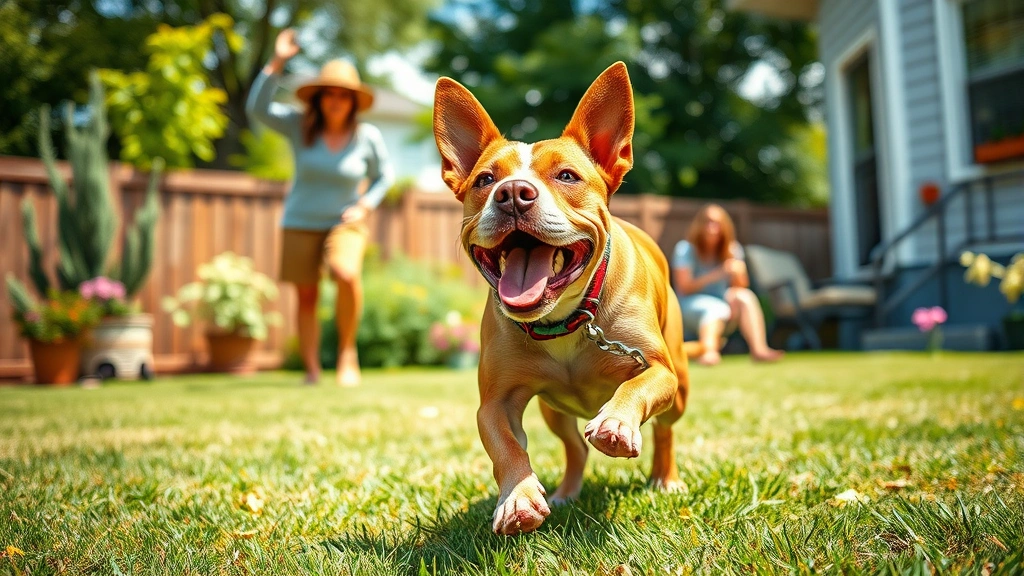 what is a bait dog -
Photorealistic image of a formerly abused bait dog playing happily in a sunny b