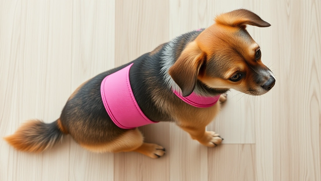 what is a belly band for dogs -
Photorealistic overhead view of a small dog breed wearing a pink belly band, si