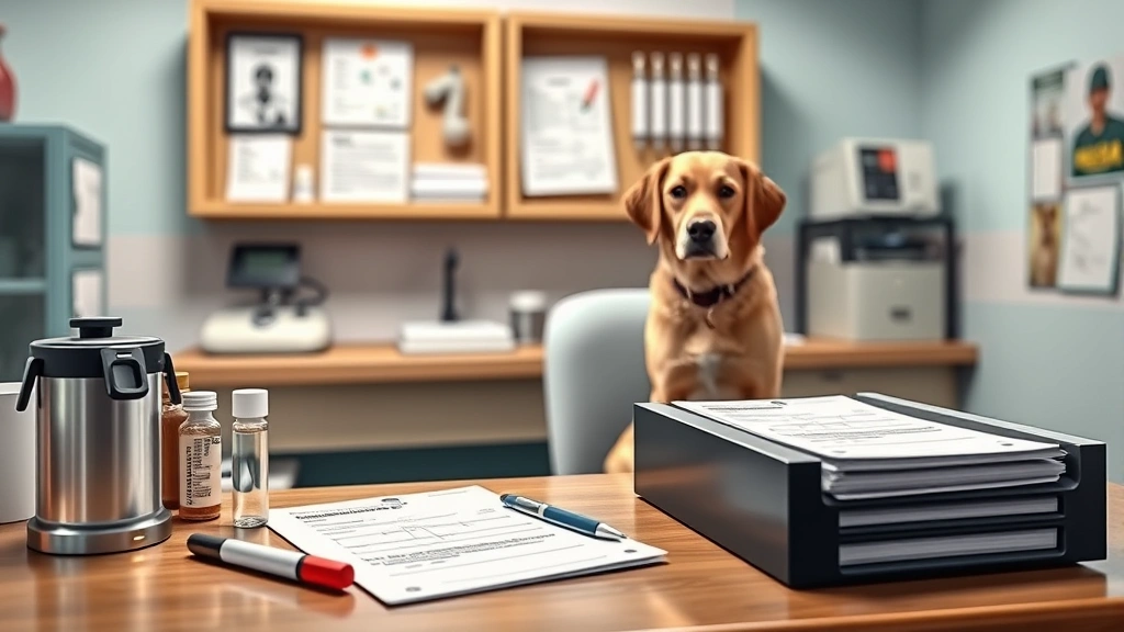what is a dhpp vaccine for dogs -
Photorealistic veterinary clinic scene with vaccination records and medical cha