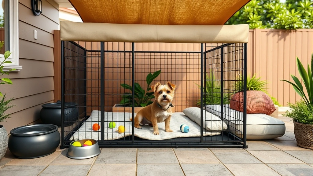 what is a dog run -
Photorealistic image of a dog run setup on a patio with a small terrier inside,
