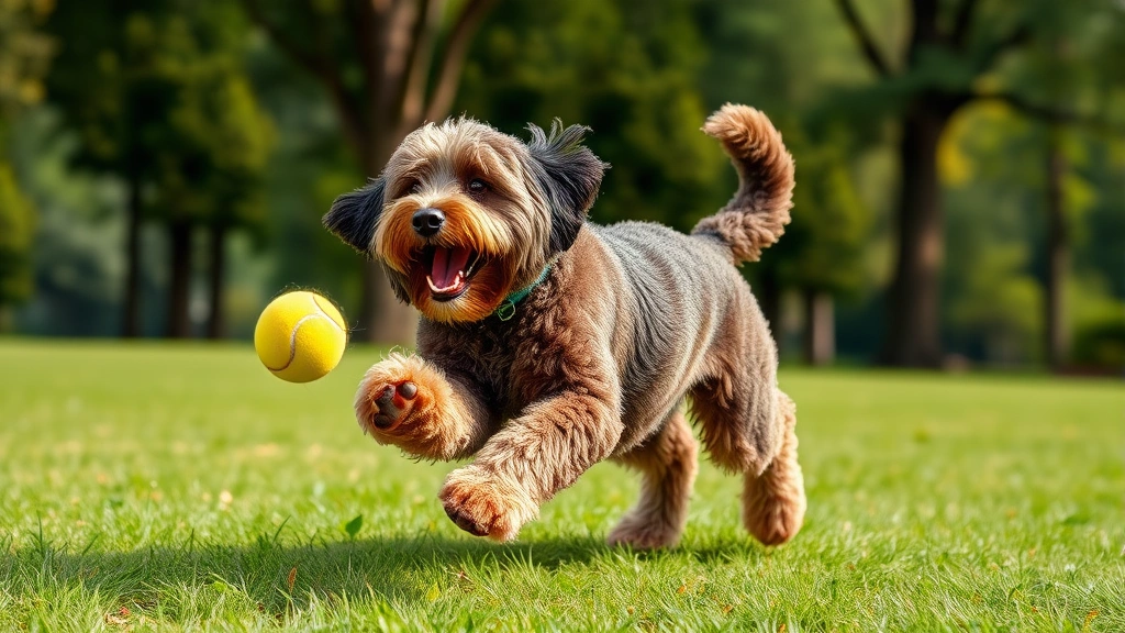 what is a double doodle dog -
Photorealistic image of a Double Doodle dog playing fetch in a park with a tenn