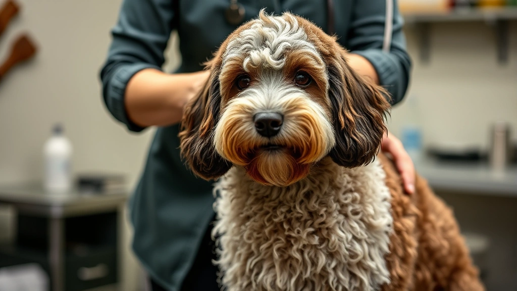 what is a double doodle dog -
Photorealistic image of a Double Doodle dog being groomed by a professional gro