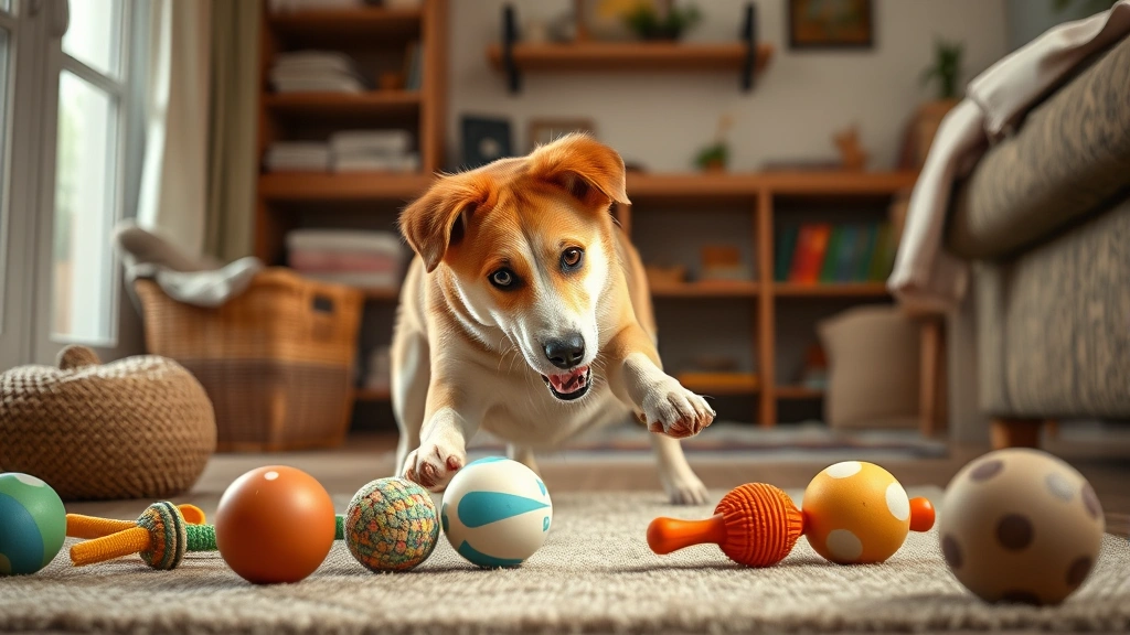 what is a female dog called -
Photorealistic image of a female dog playing with toys in a home environment, s
