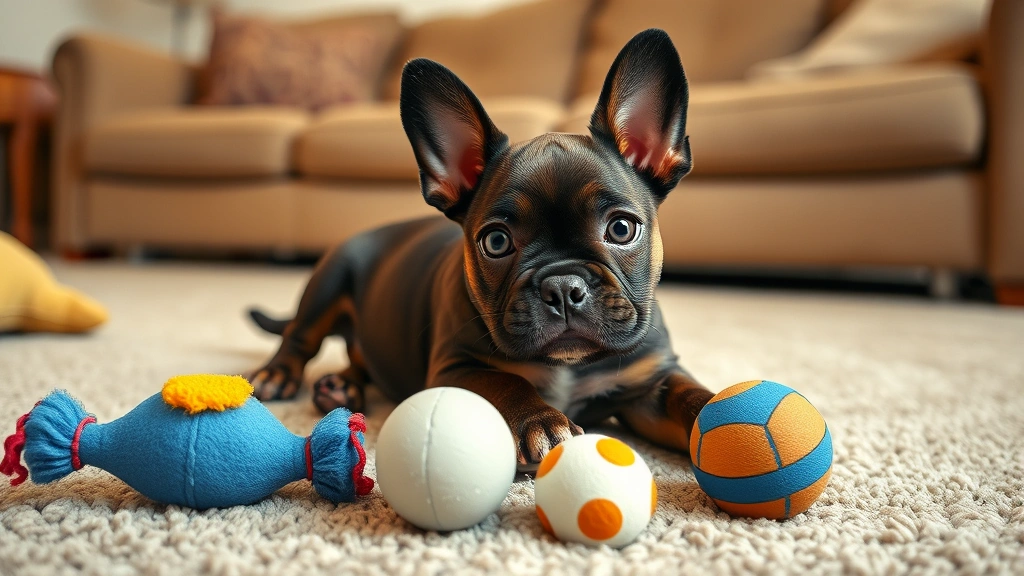 what is a frenchton dog -
Photorealistic photo of a Frenchton puppy playing with toys on a living room ca
