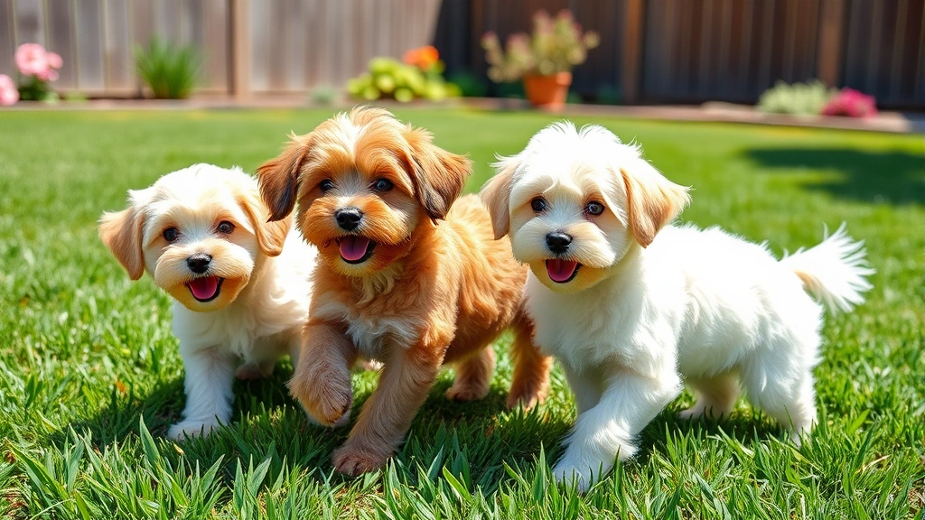 what is a maltipoo breed of dog -
Three Maltipoos of different sizes playing together outdoors on green grass in