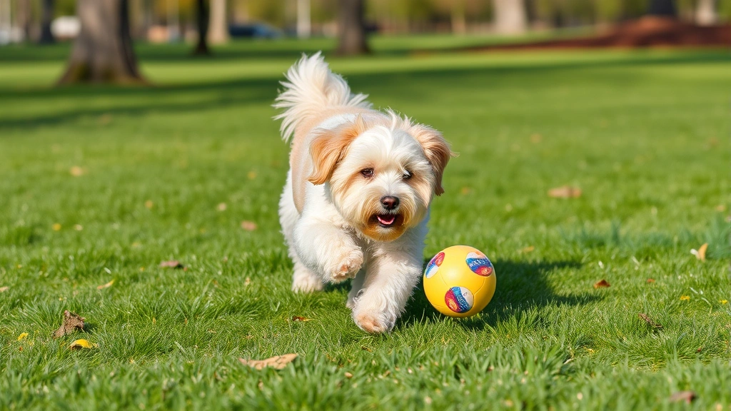 what is a whoodle dog -
A Whoodle dog playing fetch with a ball in a grassy park
