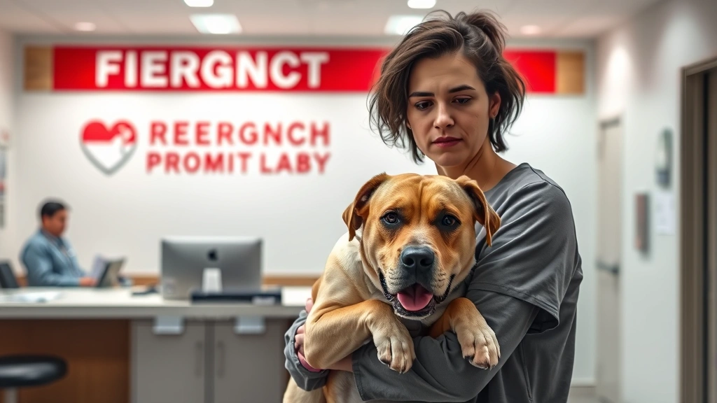 what is bloat in dogs -
Photorealistic photograph of a concerned dog owner holding a large breed dog at