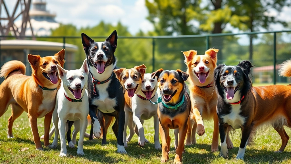 what is bordetella shot for dogs -
Photorealistic image of a group of healthy, happy dogs playing together at an o