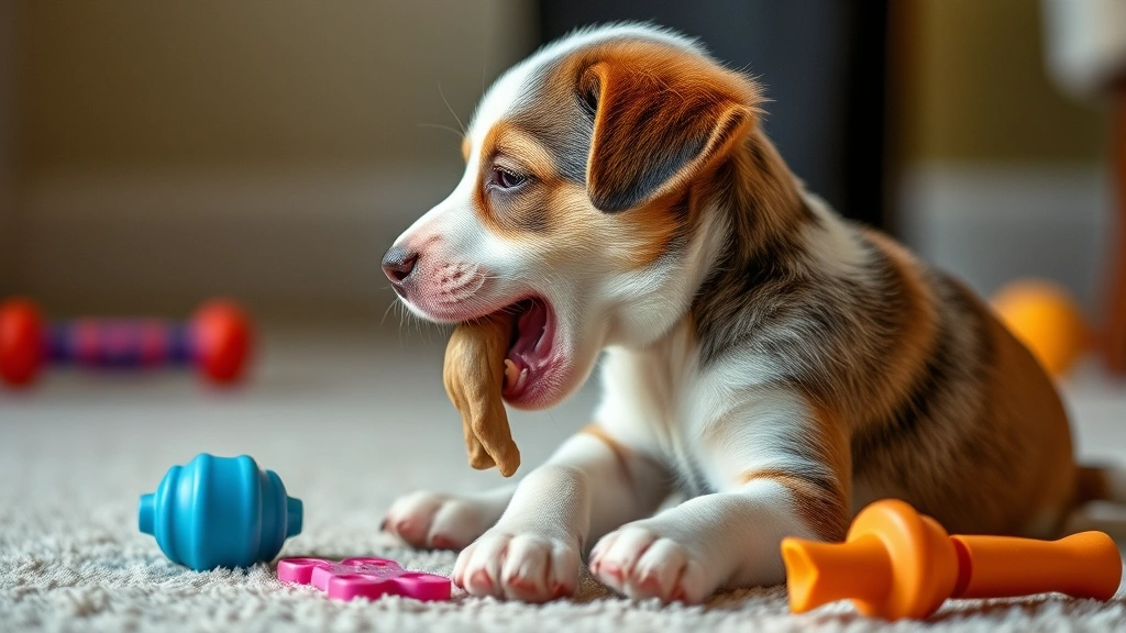 what is cobbing in dogs -
Photorealistic side profile of a puppy teething, gently nibbling on a rubber to