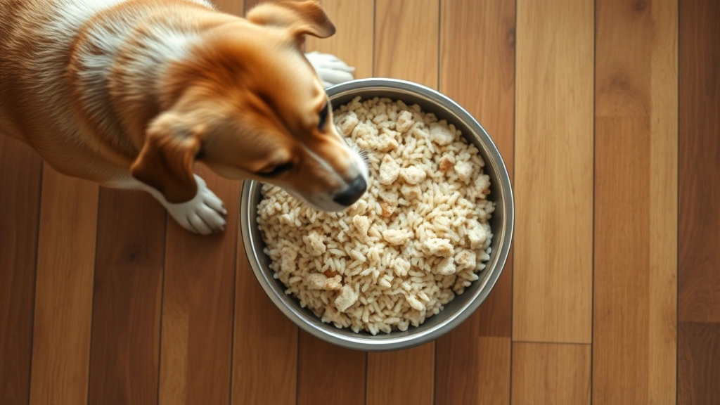 what is colitis in dogs -
Photorealistic overhead shot of a dog’s food bowl containing bland chicke