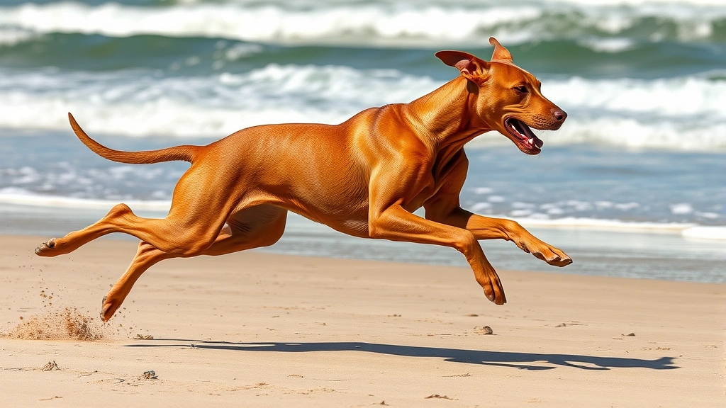what is fastest dog -
Photorealistic image of a Vizsla mid-sprint on a sandy beach with ocean waves i