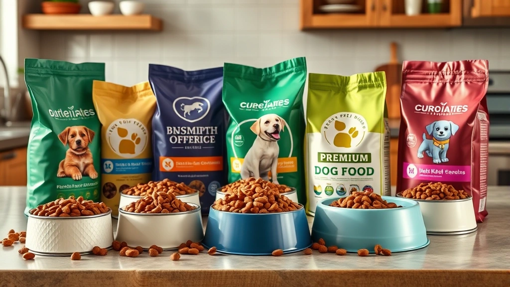 what is hydrolyzed protein dog food -
Photorealistic image of various dog food bowls and kibble bags arranged on a ki