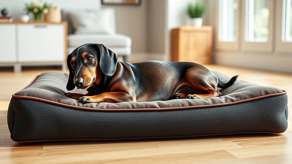 what is ivdd in dogs -
Photorealistic image of a Dachshund lying on an orthopedic memory foam dog bed 