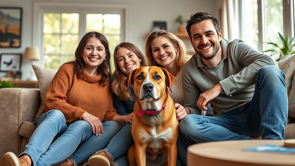 what is the cheapest dog breed -
Photorealistic image of a family with a shelter rescue dog in a living room, ev