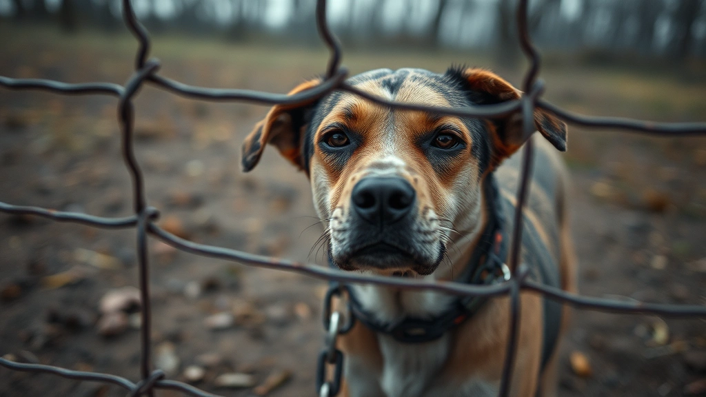 what is the dangerous dog in the world -
A sad, chained dog in isolation looking through fence, highlighting neglect and