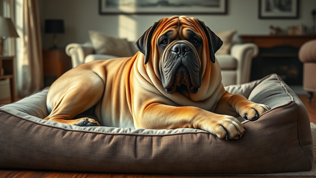 what is the largest dog breed -
Photorealistic image of an English Mastiff lying on a large dog bed indoors, sh
