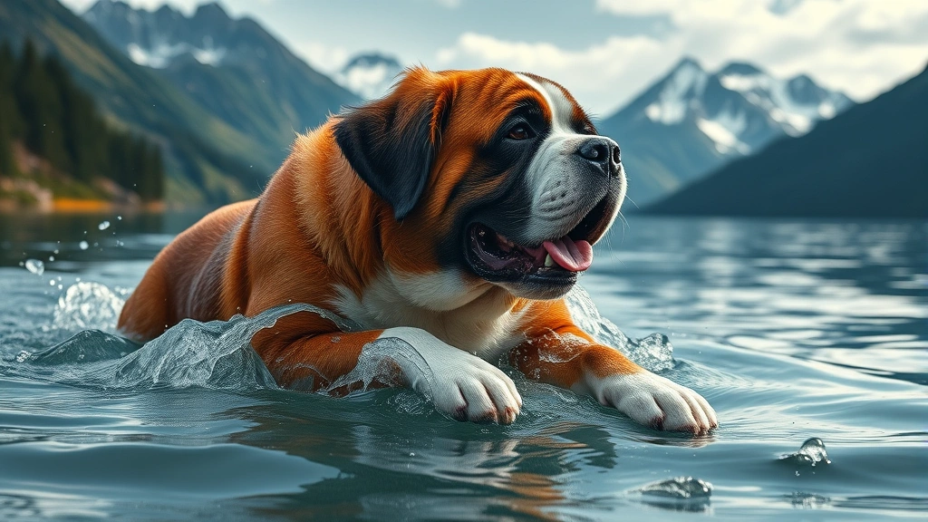 what is the largest dog breed -
Photorealistic action shot of a Saint Bernard swimming in a mountain lake, show