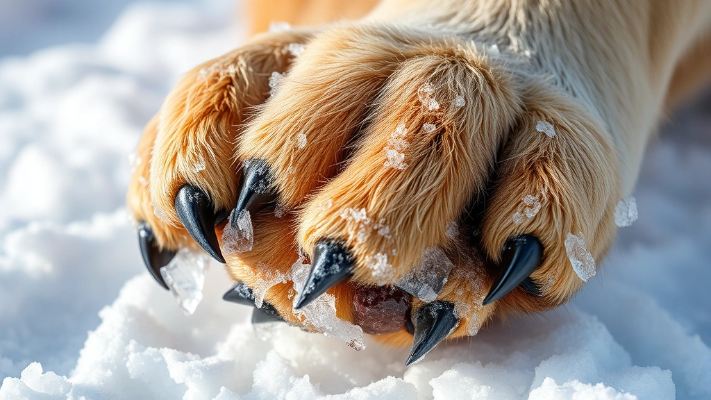 what is too cold for dogs -
Dog’s paw pads with ice and snow buildup between toes, close-up photoreal