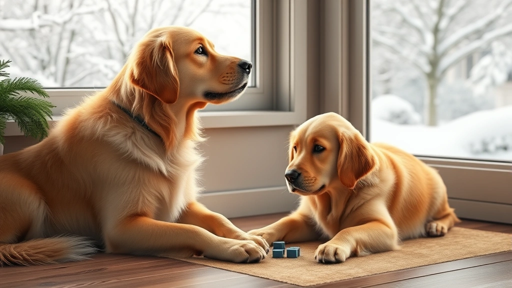what is too cold for dogs -
Golden Retriever playing indoors with puzzle toy near window showing snowy weat