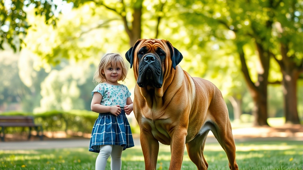 what kind of dog is clifford -
Photorealistic image of a Mastiff standing next to a young girl in a park, demo