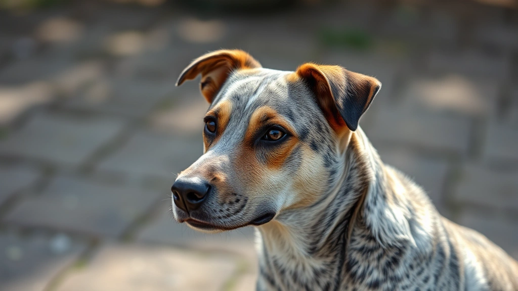 what kind of dog is rocky from paw patrol -
Photorealistic portrait of a mixed breed dog with dappled gray and brown colori