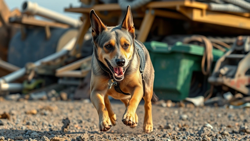 what kind of dog is rocky from paw patrol -
Photorealistic image of a mixed breed dog mid-action on a rescue mission, showi