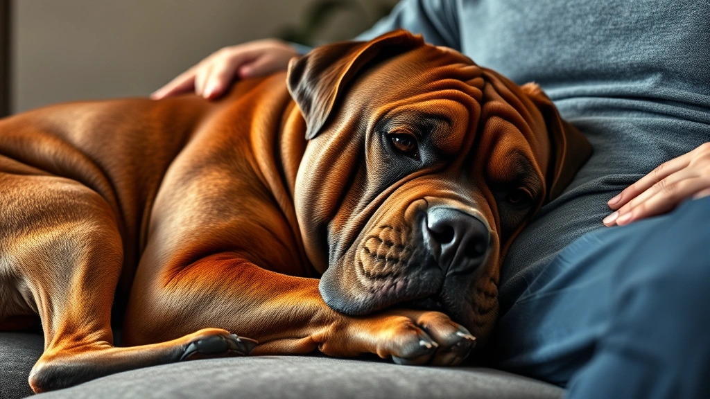 what kinda dog is hooch -
Photorealistic image of a Dogue de Bordeaux lying on a couch next to a person, 