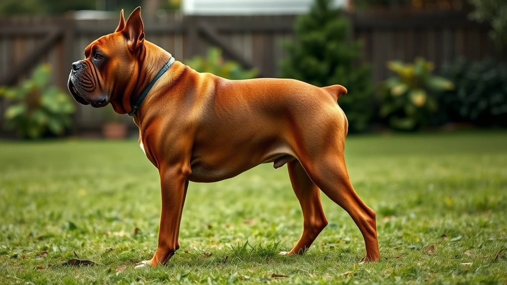 what kinda dog is hooch -
Photorealistic full-body side profile of a Dogue de Bordeaux standing in a gras