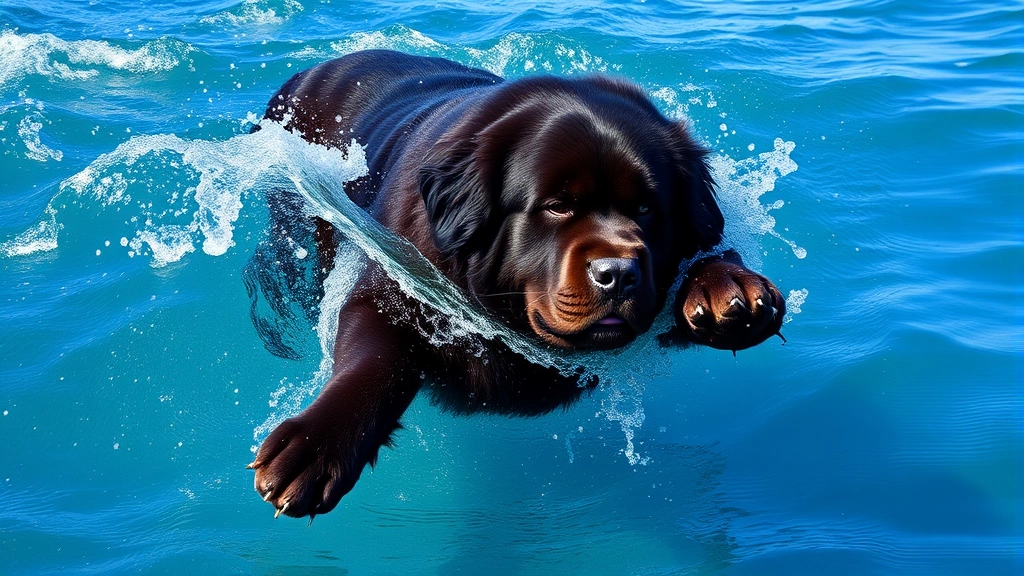 what kinds of dogs have webbed feet -
Photorealistic action shot of a Newfoundland dog swimming powerfully through cl
