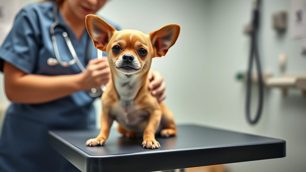 what makes a dog cough -
Photorealistic image of a small Chihuahua in a veterinary clinic examination ro