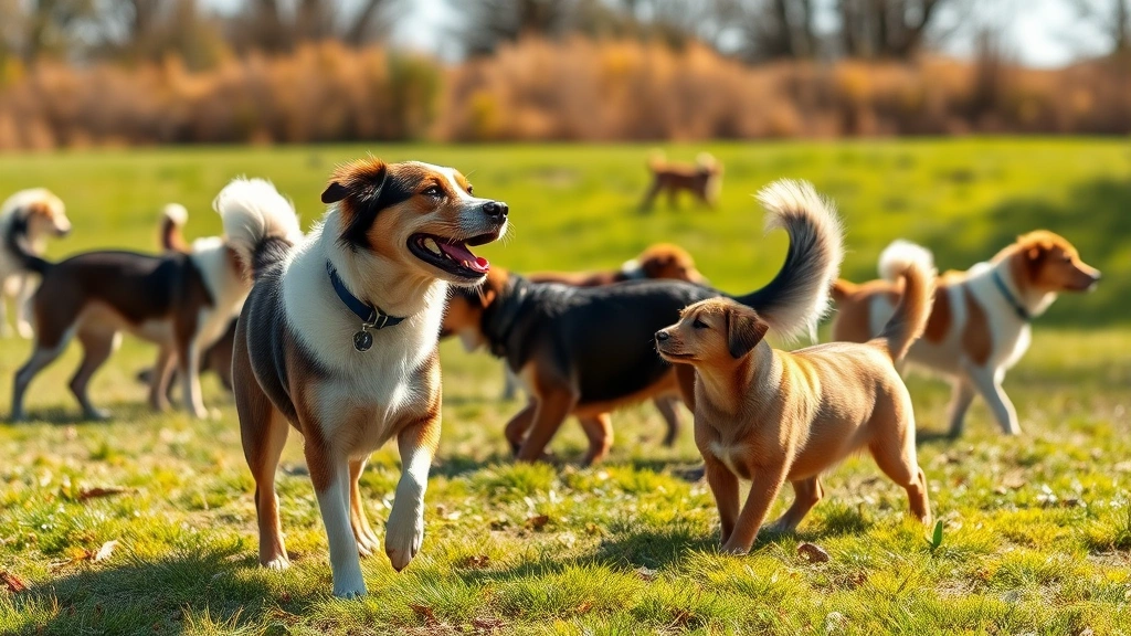 what makes a dog cough -
Photorealistic outdoor scene of a dog at a dog park playing with other dogs, su