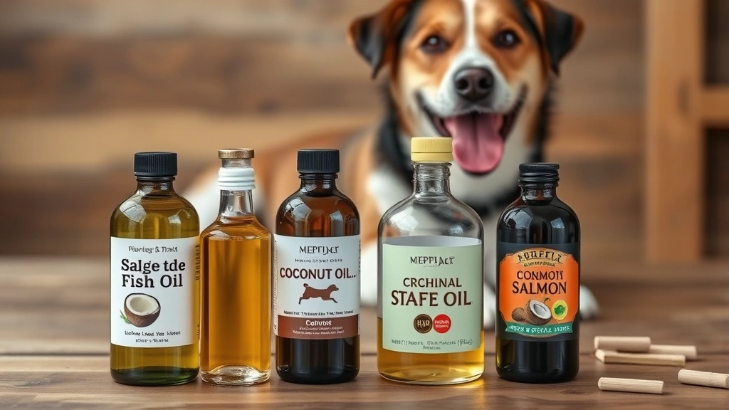 what oil is good for dogs itchy skin -
Photorealistic image of various dog-safe oils in bottles (fish oil, coconut oil