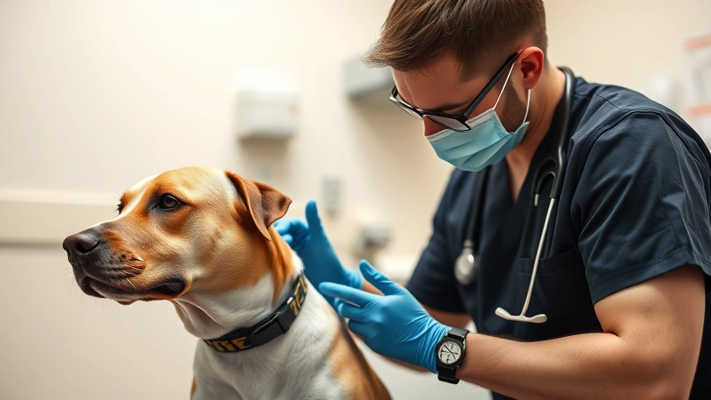 what's a male dog called -
Photorealistic image of a veterinarian performing a health examination on a mal