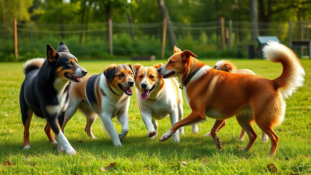 what's a male dog called -
Photorealistic photograph of multiple male dogs of different breeds playing and