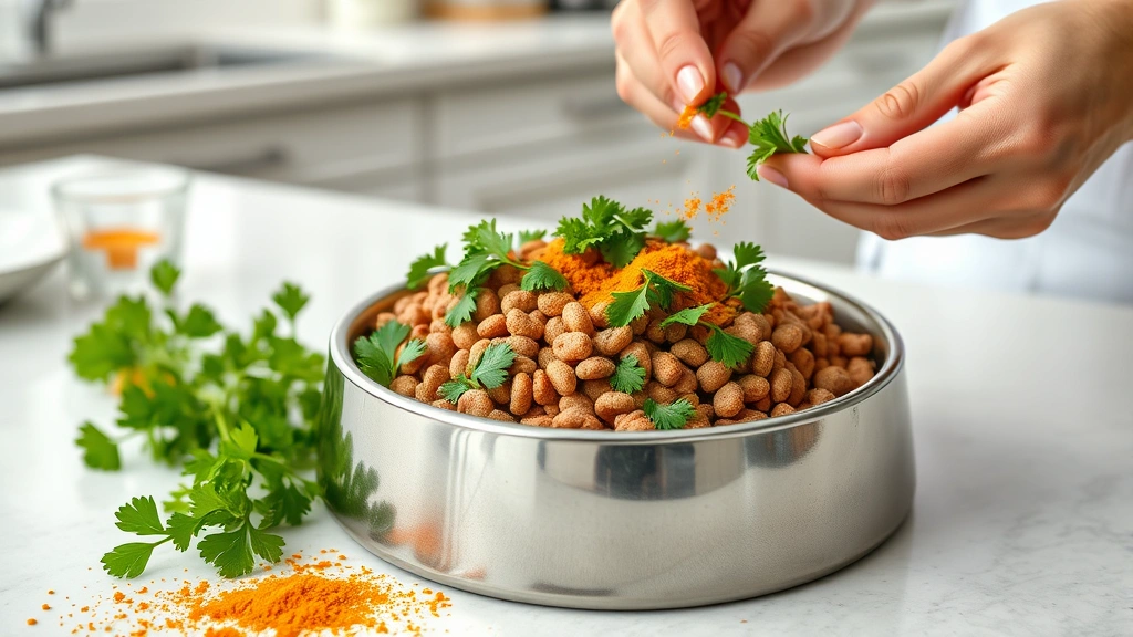what seasonings can dogs eat -
Photorealistic image of a dog food bowl filled with kibble topped with fresh pa