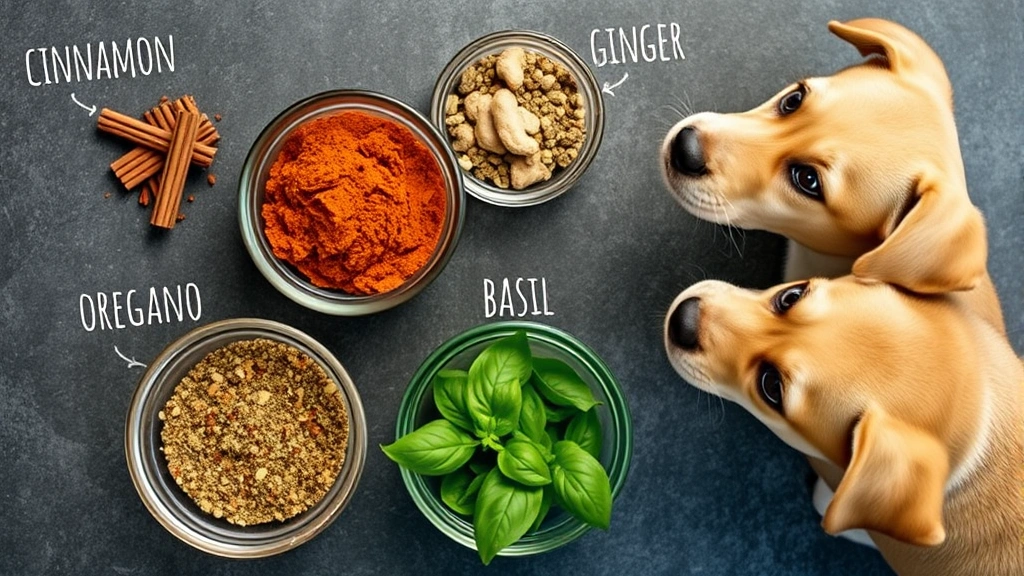 what seasonings can dogs eat -
Photorealistic overhead shot of various dog-safe seasonings in small glass bowl