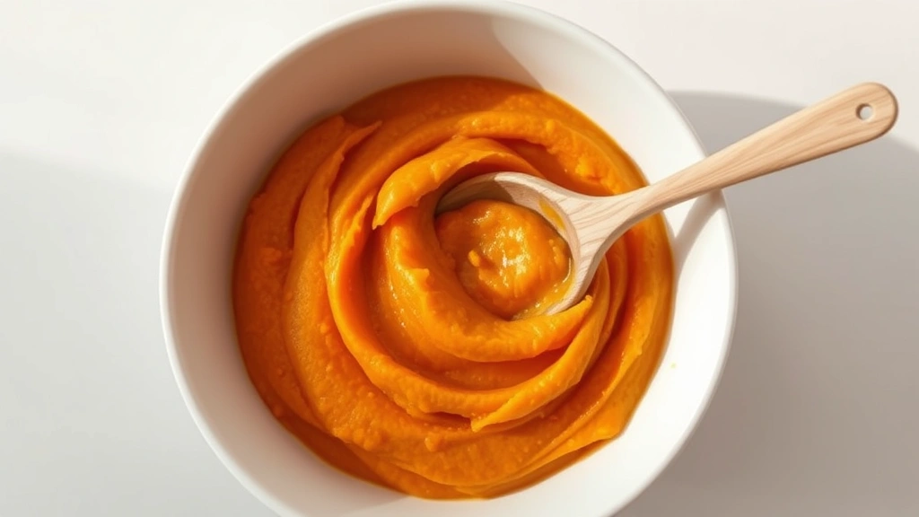 what should i give my dog for constipation -
Photorealistic overhead shot of a white bowl containing orange pumpkin puree wi