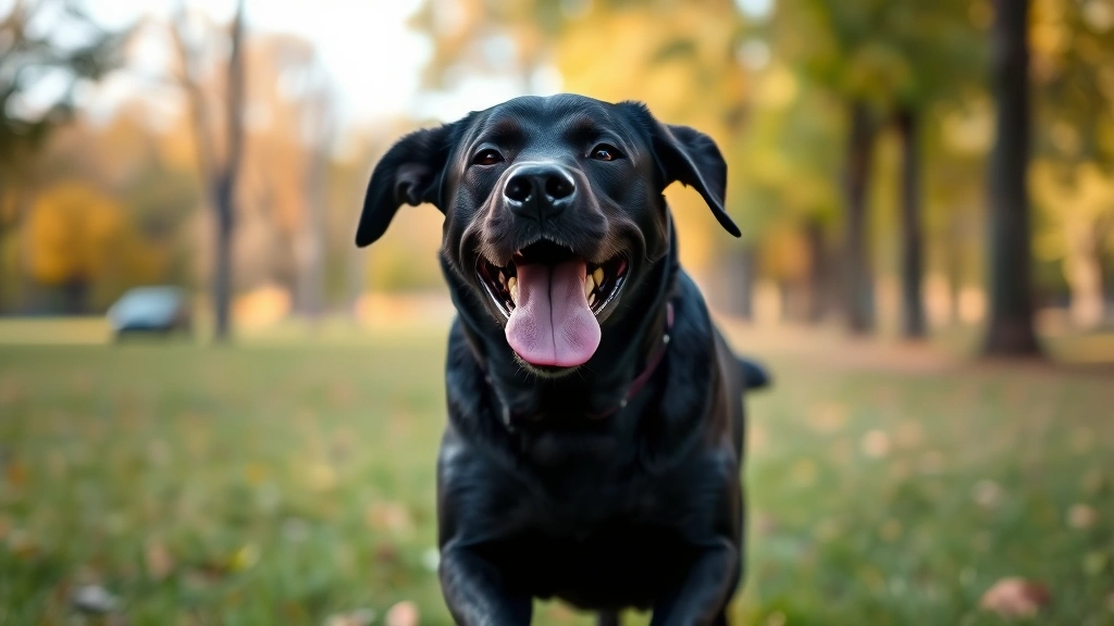 what should i give my dog for constipation -
Photorealistic image of a happy black labrador running through a park during da