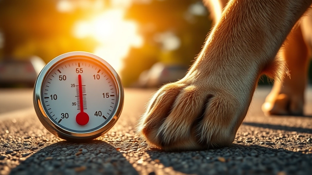what temp is too hot for a dog -
Photorealistic image of a thermometer showing 85 degrees Fahrenheit next to a d