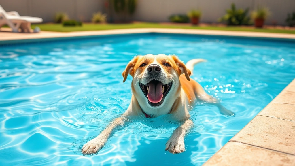 what temp is too hot for a dog -
Photorealistic image of a happy dog swimming in a backyard pool on a hot sunny