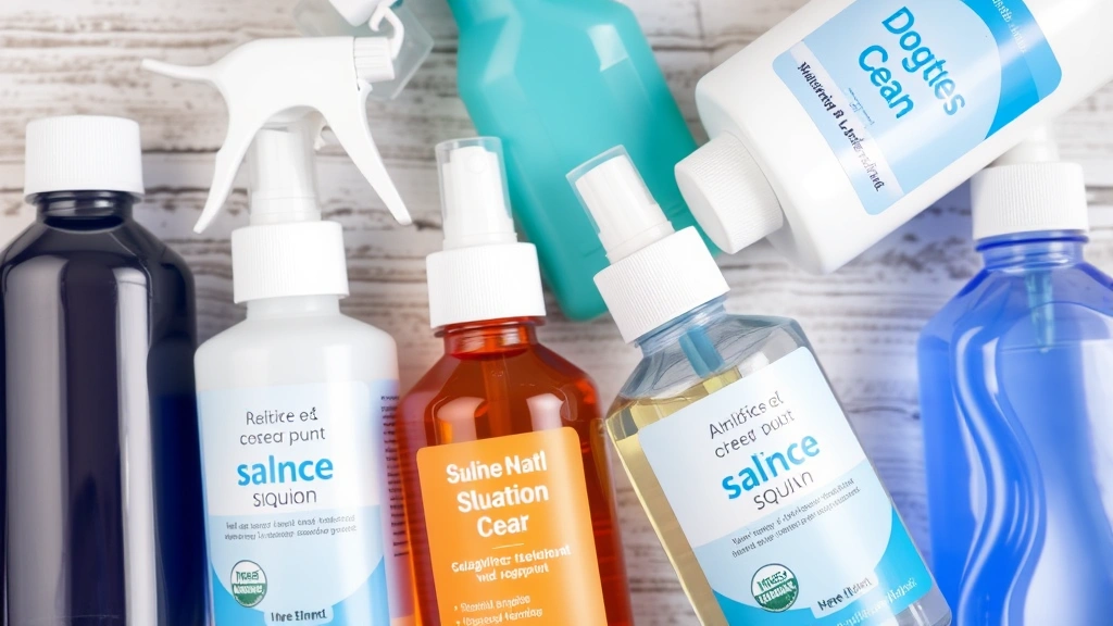 what to clean dogs ears with -
Close-up overhead view of various dog ear cleaning products including saline so