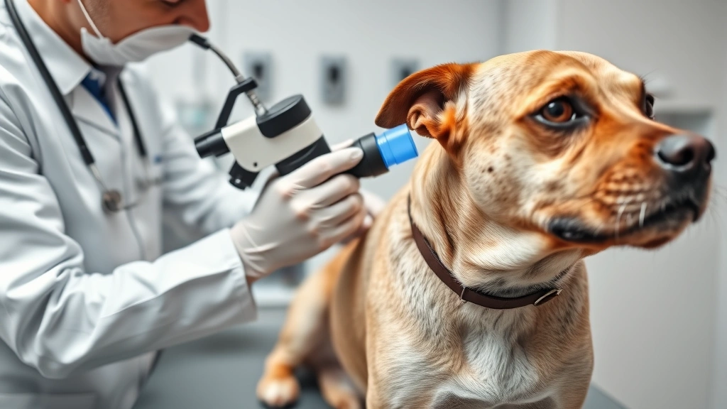what to clean dogs ears with -
A veterinarian in a clinic examining a dog’s ear canal with an otoscope w