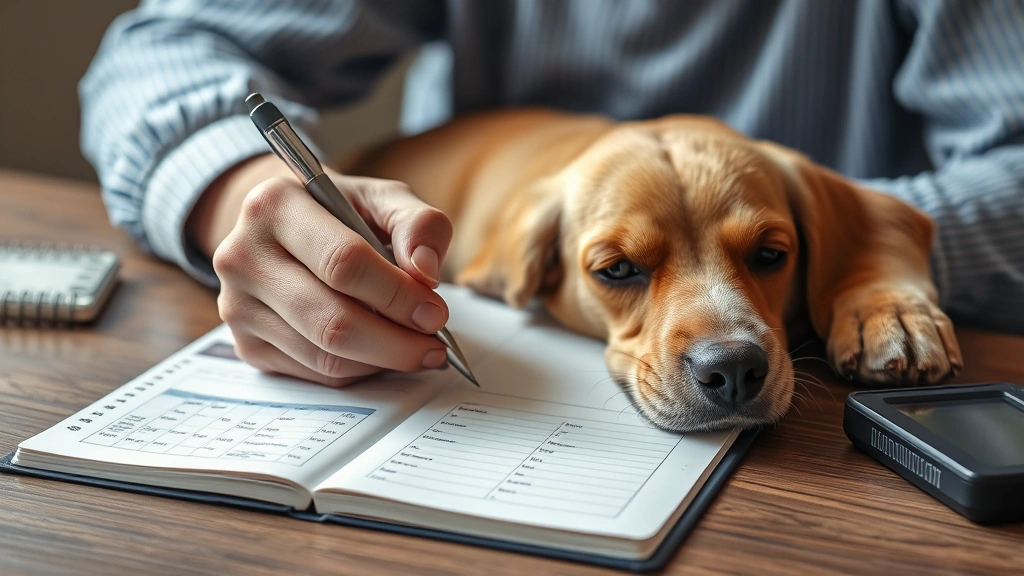 what to do after a dog has a seizure -
Photorealistic image of a dog owner writing notes in a seizure diary with a cal
