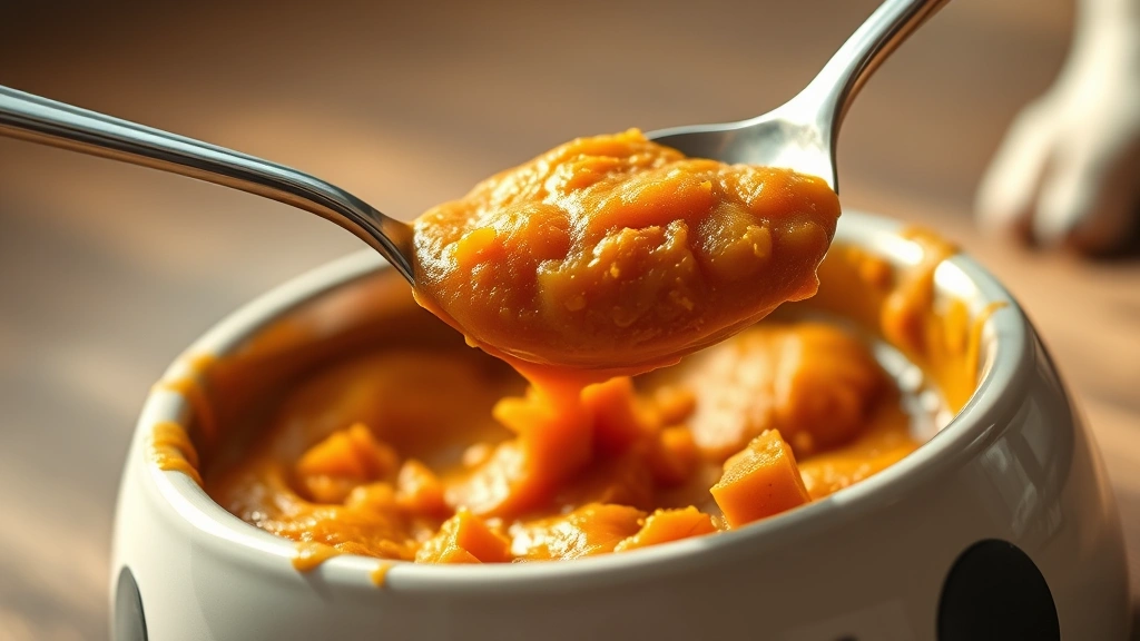what to do for a dog with diarrhea -
Photorealistic close-up of pumpkin puree being spooned into a dog’s food