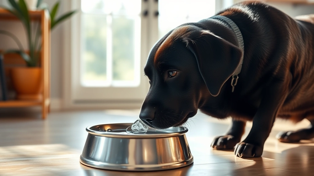 what to do for a dog with diarrhea -
Photorealistic labrador drinking fresh water from a stainless steel bowl indoor