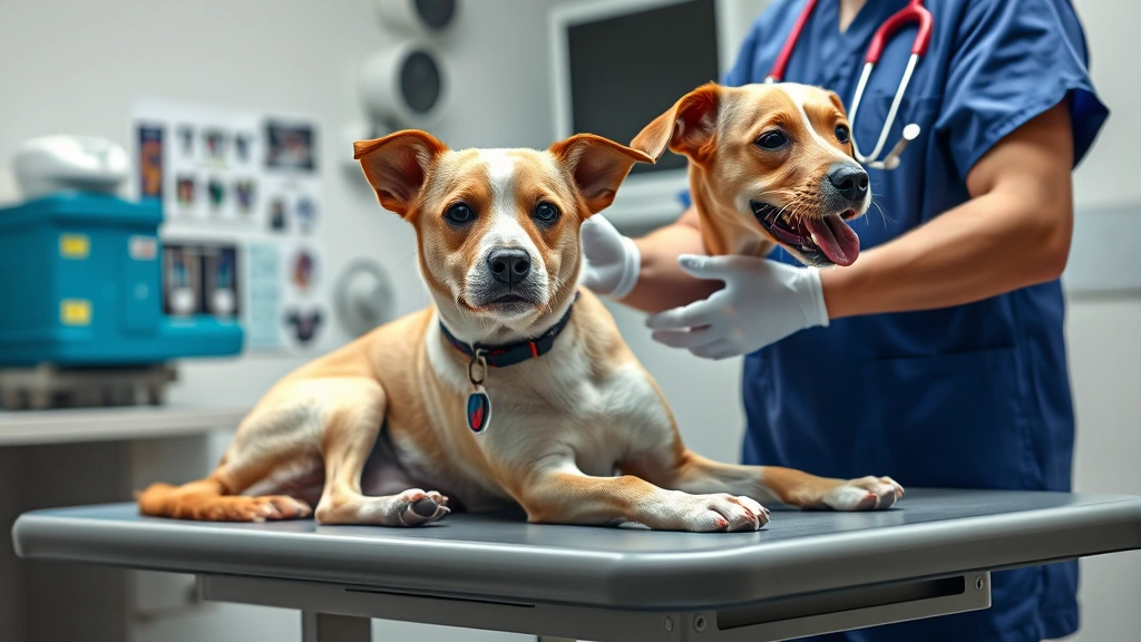 what to do if dog ate chicken bones -
Photorealistic image of a veterinarian examining a medium-sized dog on an exami