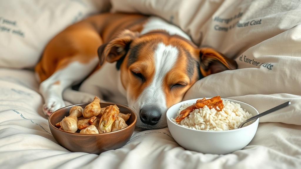 what to do if dog ate chicken bones -
Photorealistic image of a dog resting peacefully on a comfortable bed with a bo